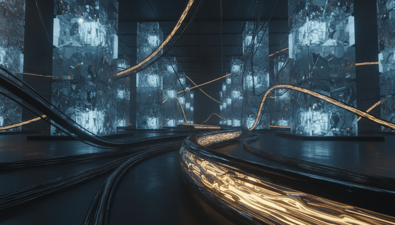 An abstract rendering of a futuristic data center hall representing the boom in AI infrastructure investment, with glowing cables symbolizing the flow of capital.
