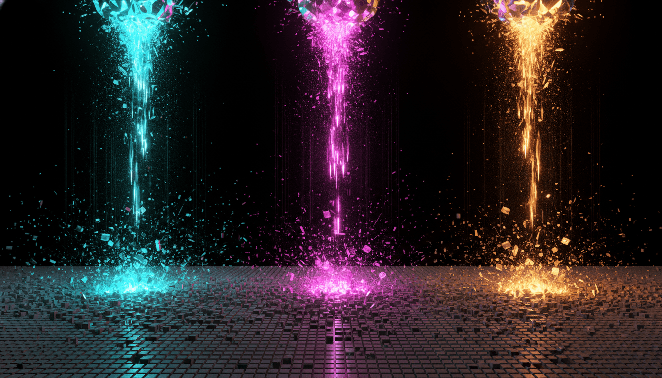 An abstract hero image representing the AI price war, with three large, colored crystals symbolizing major tech companies shattering and raining light onto a field of smaller blocks below.