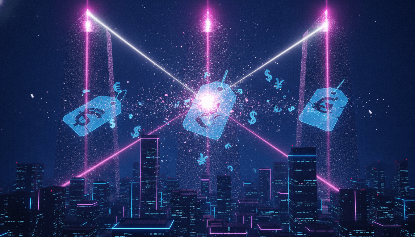 An abstract illustration of the AI price war, showing three monoliths representing major tech companies slashing through holographic price tags.
