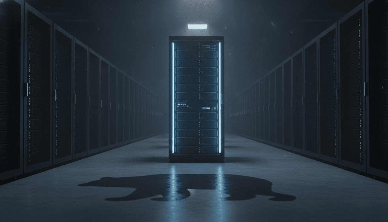 A single server rack glowing with blue light in a vast data center, representing Alphabet AI spending, with a bear's shadow on the floor symbolizing investor concerns.