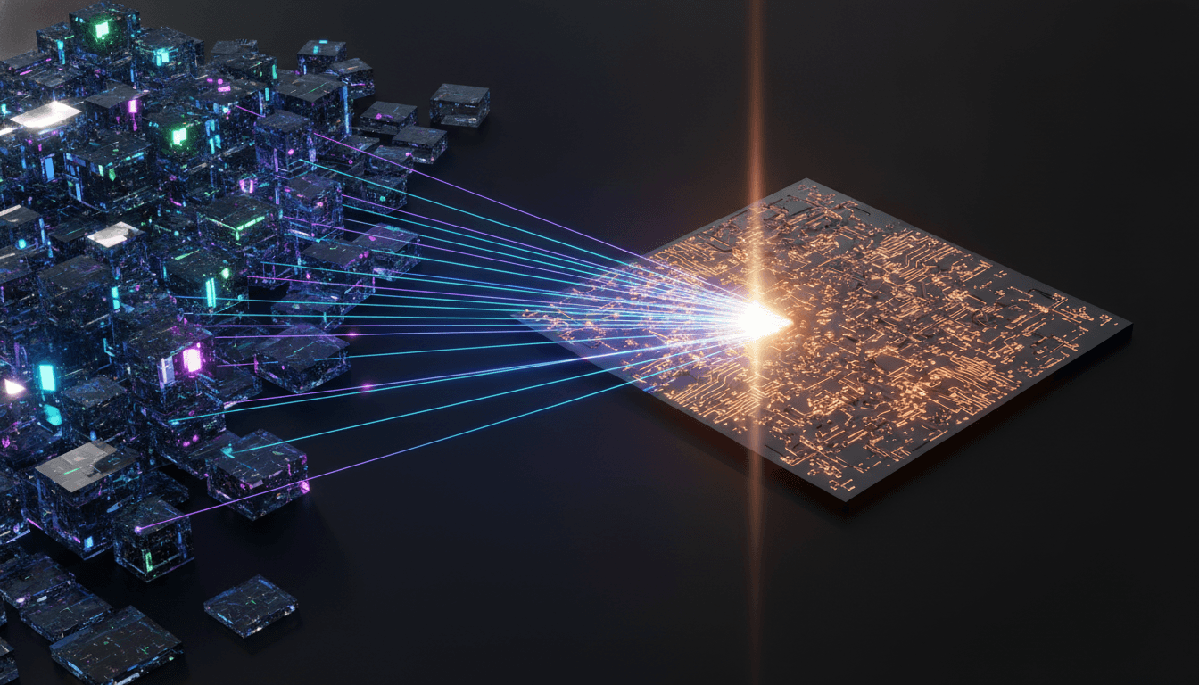 An abstract representation of the AMD Cerebras Helios system, showing GPU clusters and a wafer-scale engine working together on AI processing.