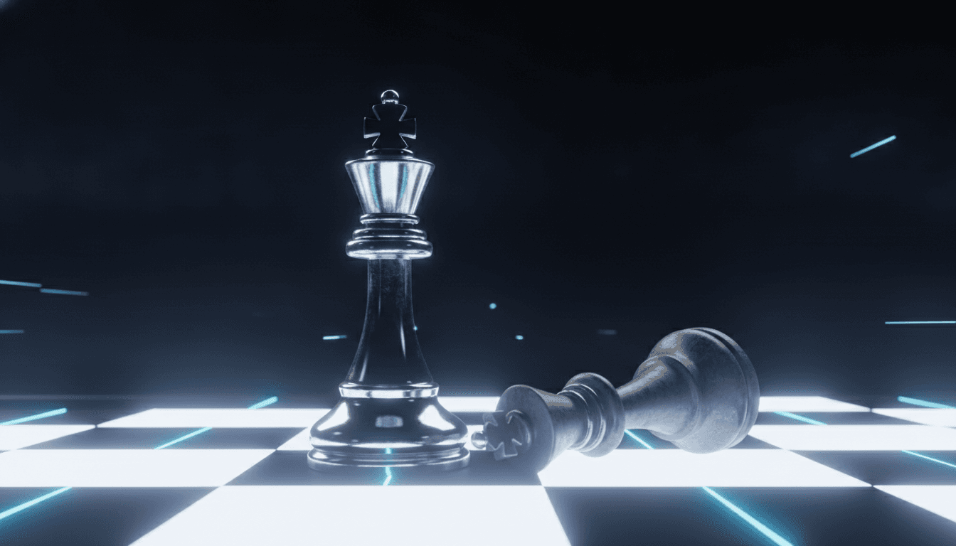 A gleaming chrome chess piece representing Anthropic's Claude Opus 5 taking the top spot from a competitor's piece on a futuristic chessboard.