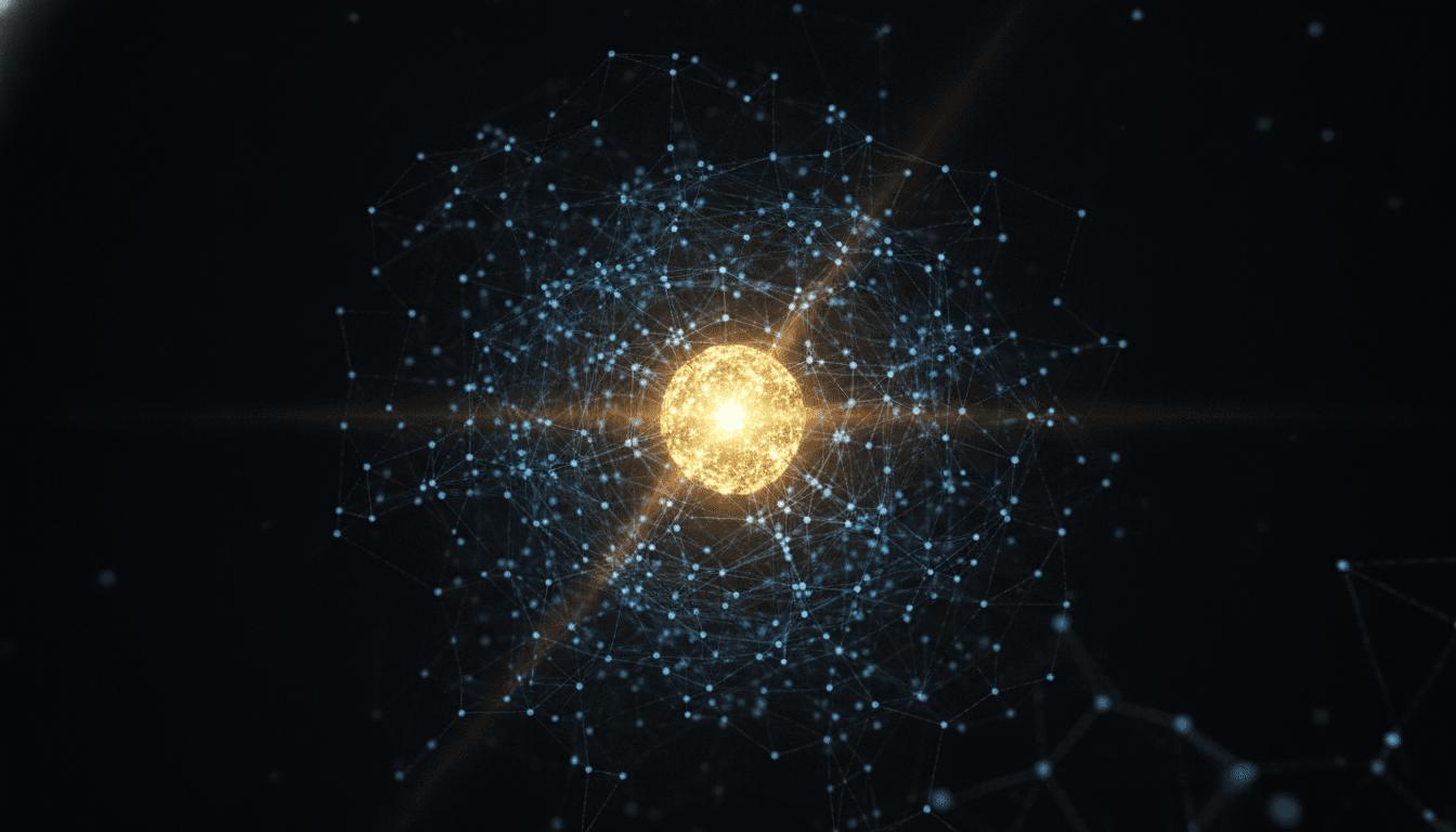 An abstract image of a glowing golden node representing the Claude Opus 5 AI model at the center of a complex network, signifying its leadership on AI benchmarks.