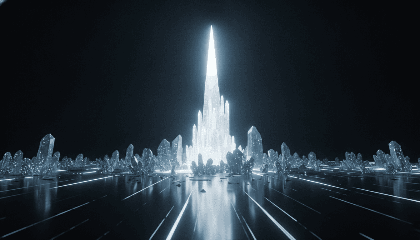 An abstract image of a new peak on a leaderboard, representing Claude Opus 5 setting a new AI benchmark record.