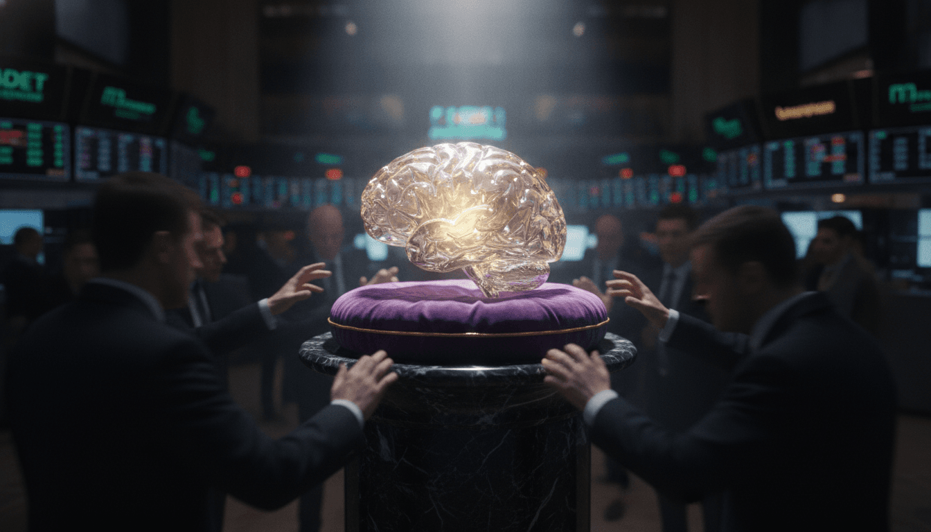 A glowing glass brain sculpture representing the Anthropic IPO being presented on a stock exchange floor, symbolizing a trillion-dollar valuation.