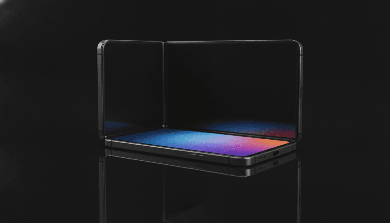A sleek, semi-open foldable iPhone Ultra concept device showing its creaseless screen and premium design on a dark background.