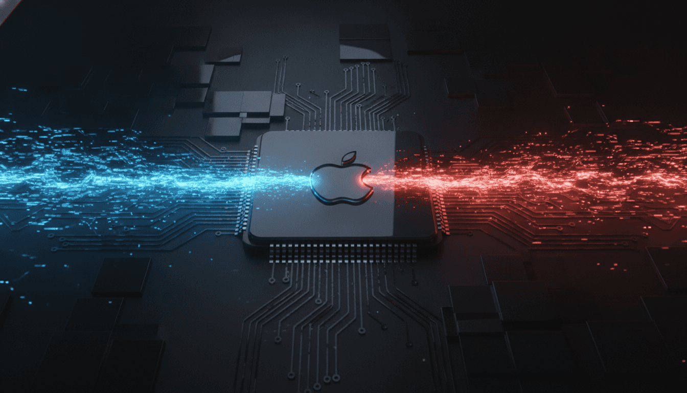 An abstract image representing the Apple Intelligence China partnership, with blue and red data streams meeting at a circuit board with an Apple logo.