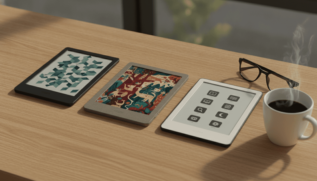 Three of the best e-readers compared—a Kindle, a Kobo, and an Android device—arranged on a desk, illustrating different user ecosystems.