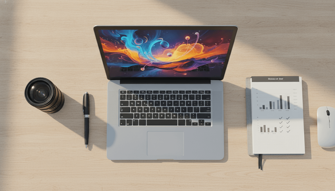 A desk with a laptop showing AI art, surrounded by tools representing the best free AI tools for writing, images, and productivity.