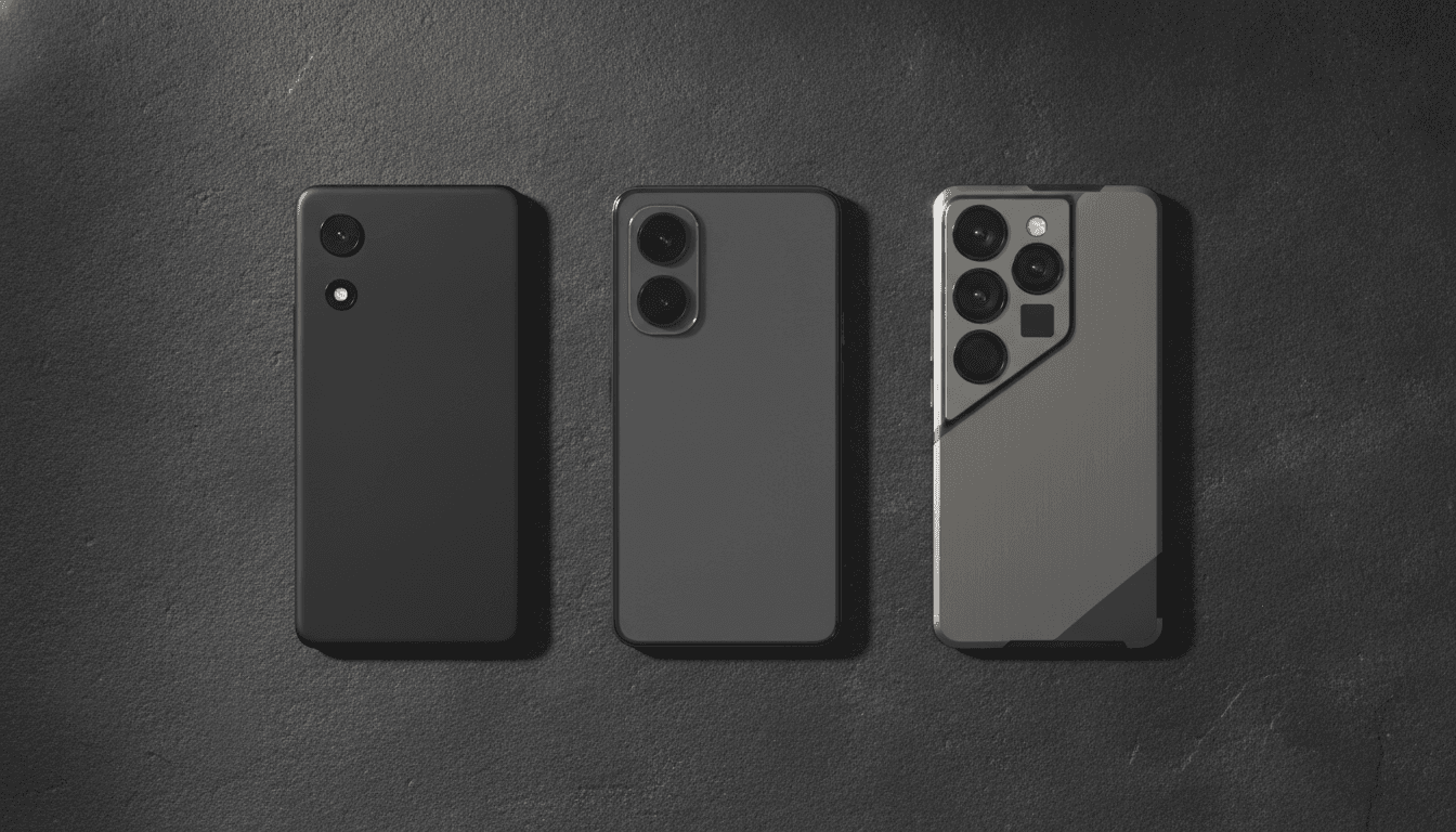 Three smartphones representing the best smartphones for every budget, arranged from a basic model to a premium flagship.