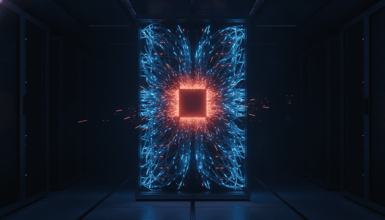 An overheated server rack representing the Kimi K3 AI model's overwhelmed capacity, glowing with blue light in a dark room.