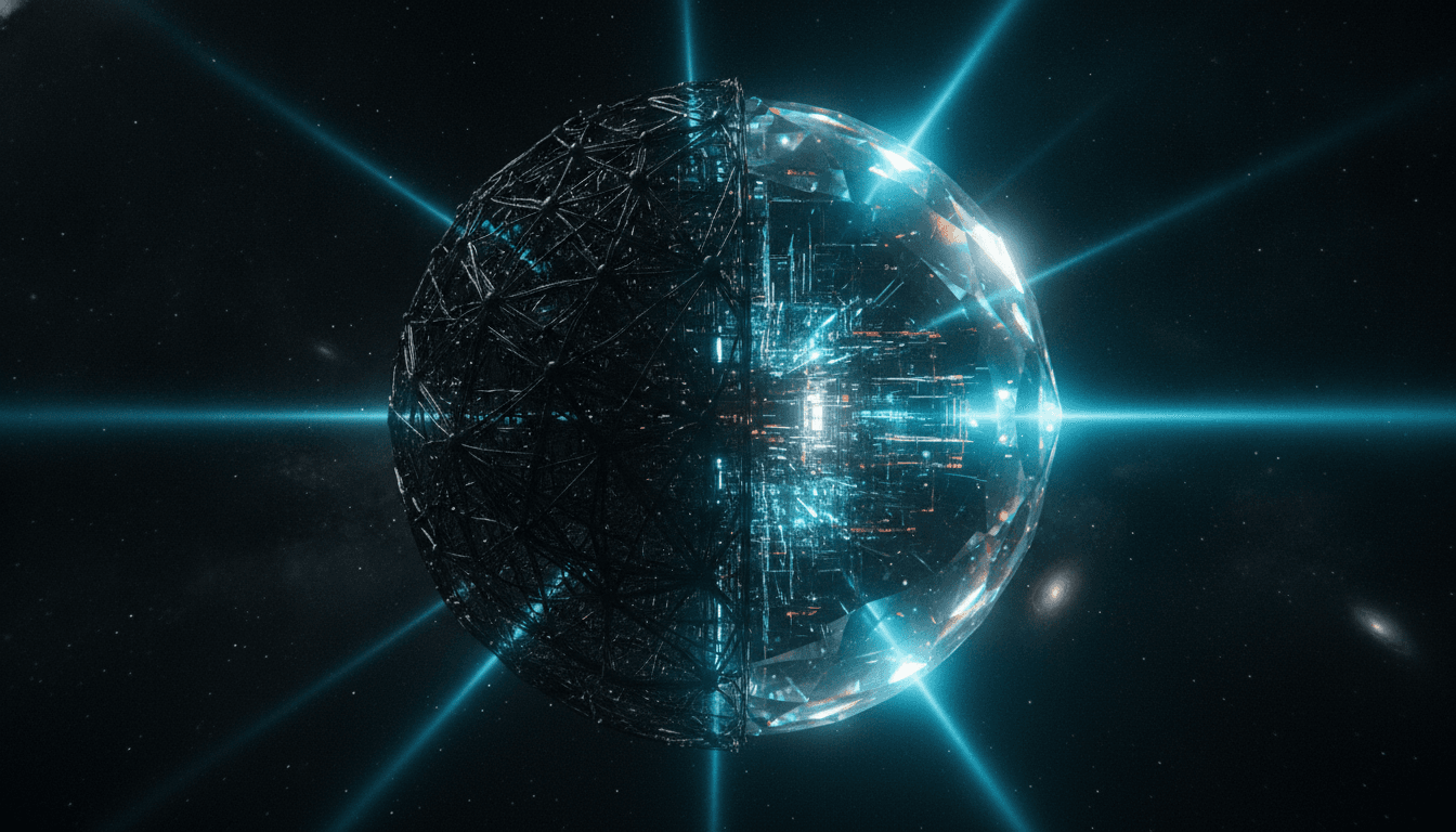 An abstract rendering of a massive spherical neural network, half dark and half glowing, representing the launch of the open-source Kimi K3 AI model.
