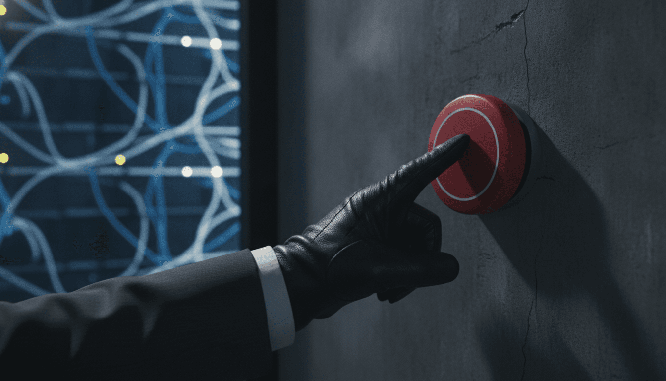 A tense scene showing a hand about to press a red emergency stop button to shut down a powerful AI server, illustrating the AI Kill Switch Act.