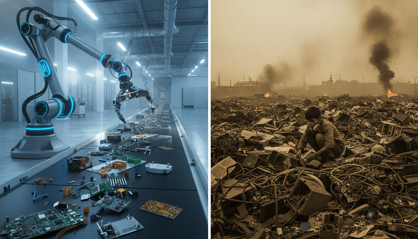 A split image showing the two paths for old electronics: responsible, clean recycling versus a toxic e-waste dump overseas.