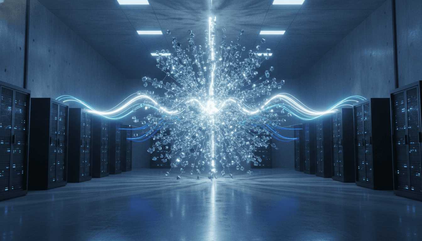 An abstract representation of the Fireworks AI funding, showing a custom enterprise AI model being constructed from data inside a secure server room.