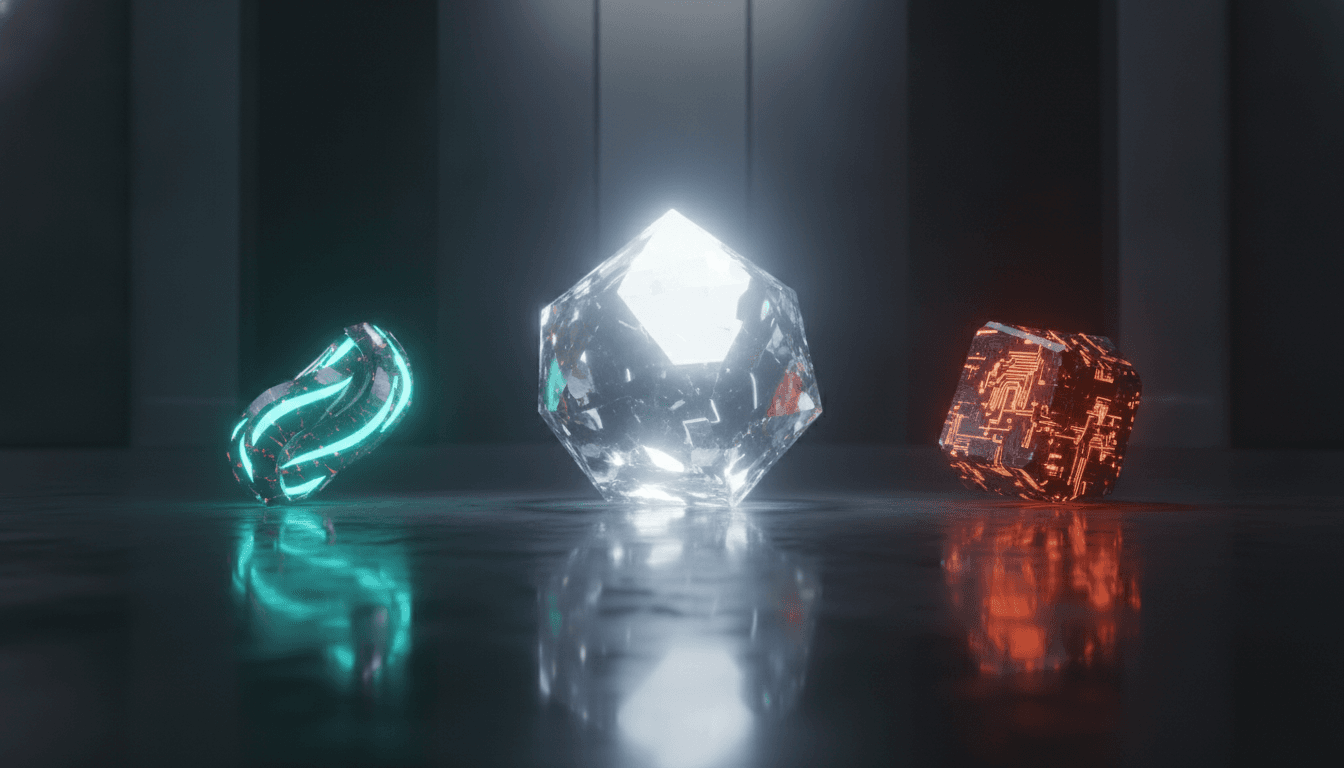 An abstract visualization of Google's three new Gemini AI models, represented as distinct glowing crystals symbolizing power, speed, and cybersecurity.