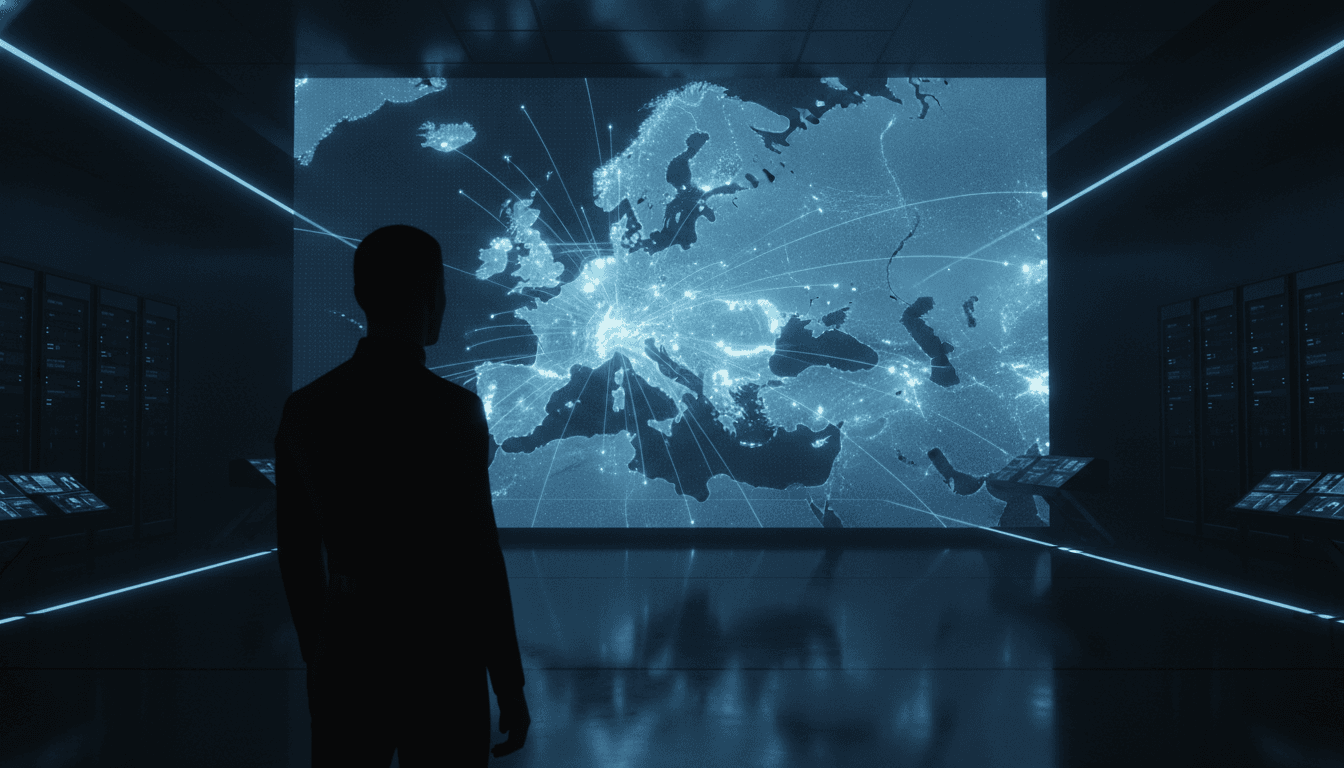 A digital map of Europe glows in a command center, symbolizing the strategic importance of Helsing's defense AI startup and its recent funding round.