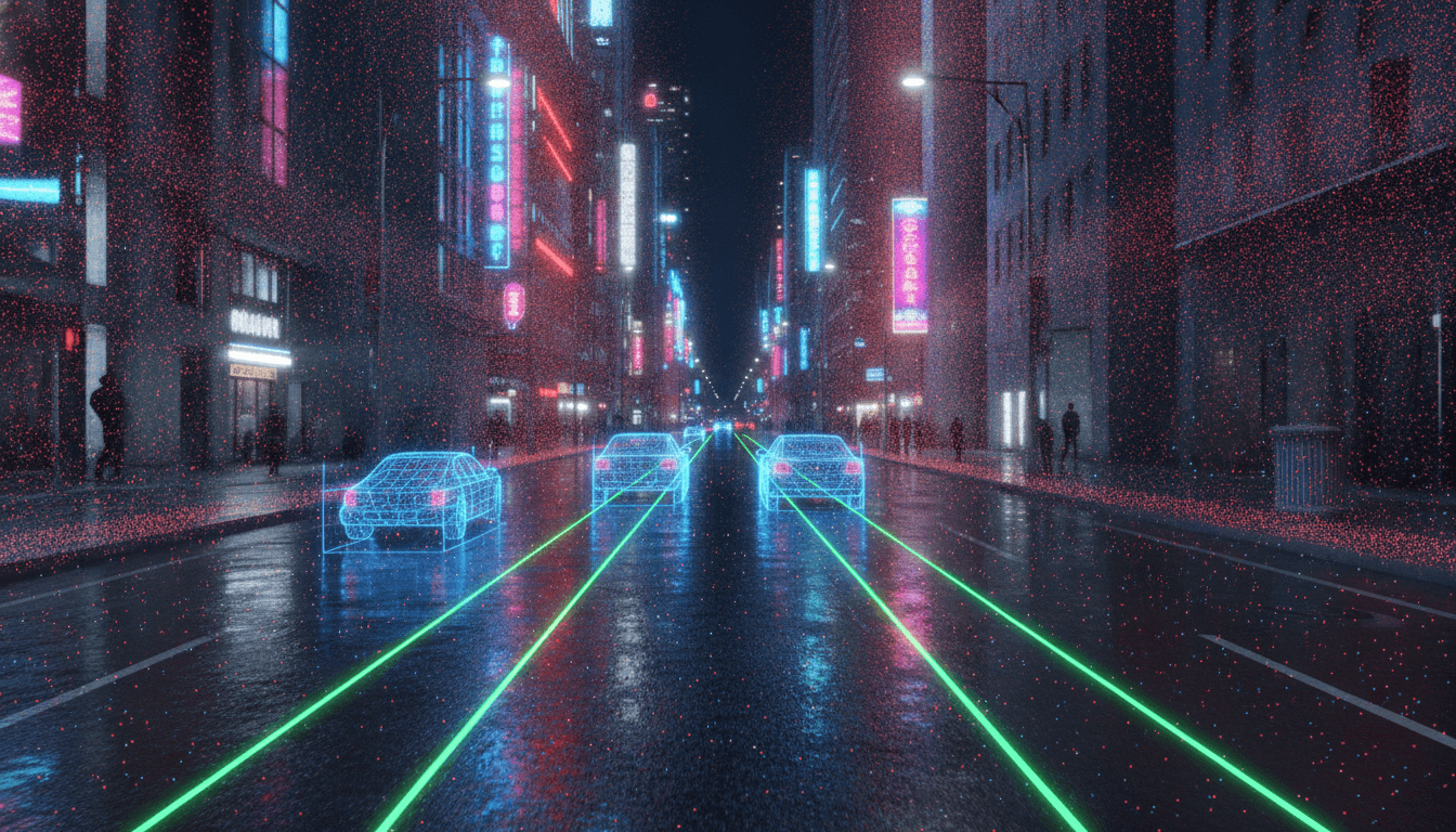 A digital representation of how self-driving cars see the road, showing a city street overlaid with data from cameras, LiDAR, and radar sensors.