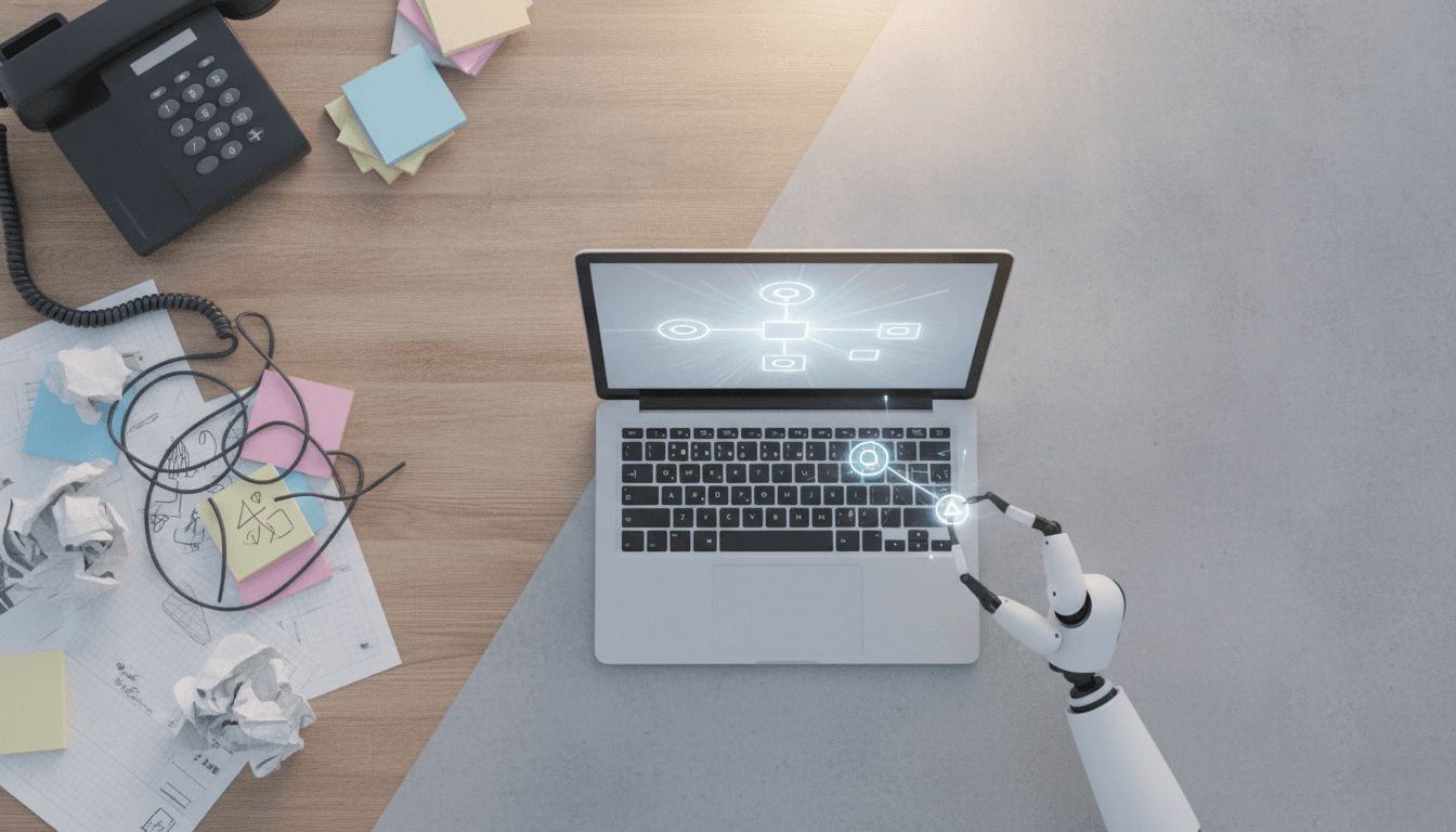 A desk split between messy paperwork and a clean laptop showing how to automate work tasks with AI through a visual workflow.