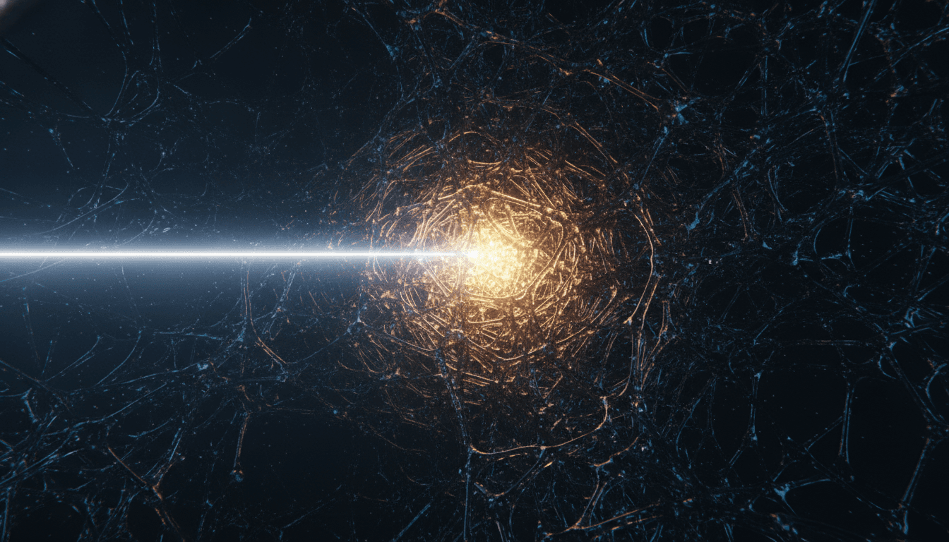 An abstract illustration of how to fine-tune an AI model, showing a focused beam of data refining a small part of a larger neural network.
