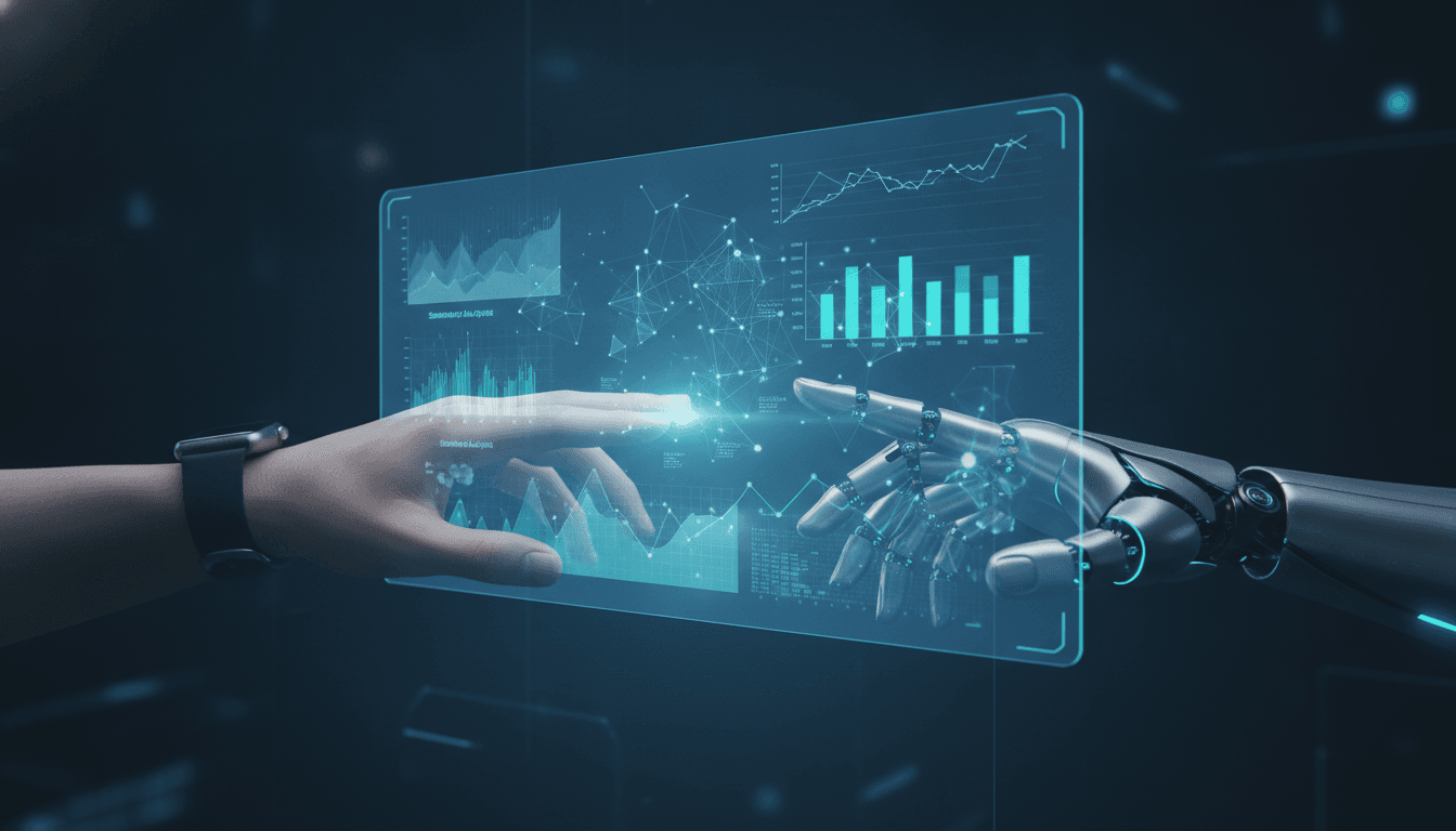 A human hand and a robotic hand working together on a holographic display of market research data, illustrating how to use AI for market research.