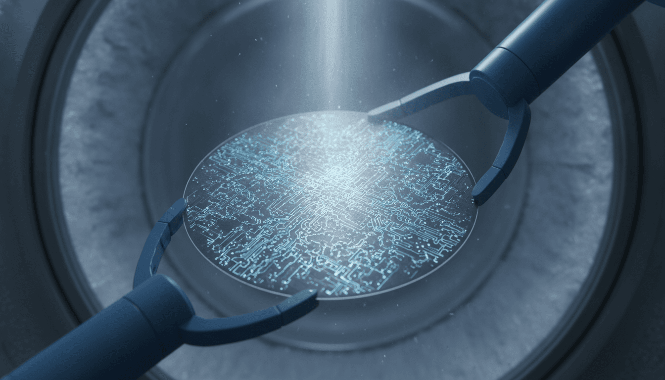 A close-up of a silicon wafer etched with quantum computing circuits, held by a robotic arm in a cryogenic chamber, representing the IBM HRL acquisition.