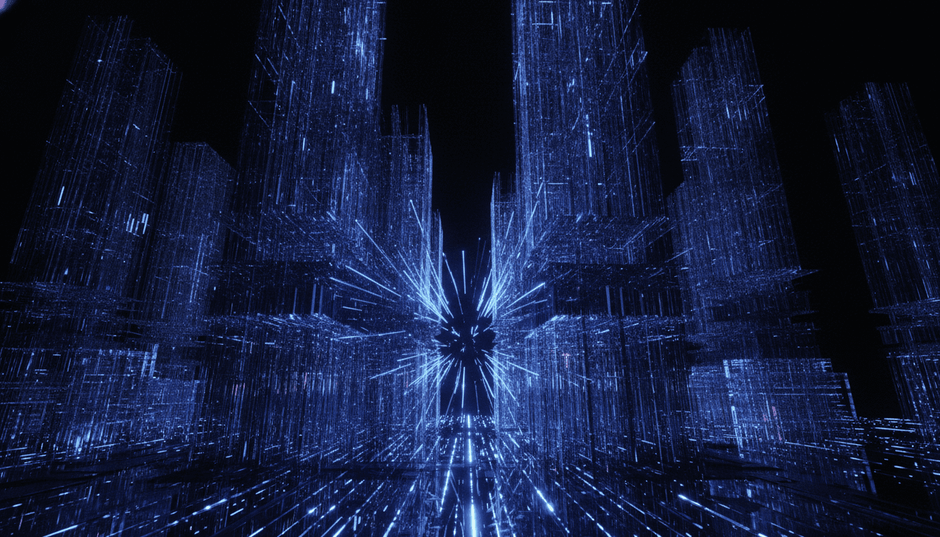 A 3D rendering of IBM's new sub-1-nanometer chip technology, showing the vertical 'nanostack' architecture with glowing circuits.