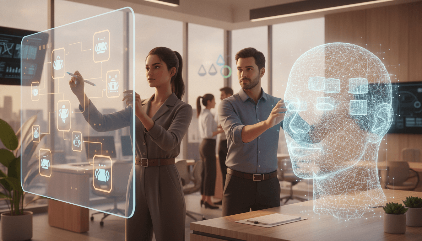 An illustration of the new jobs AI is creating, showing professionals working with data, ethics, and AI workflows in a modern office.