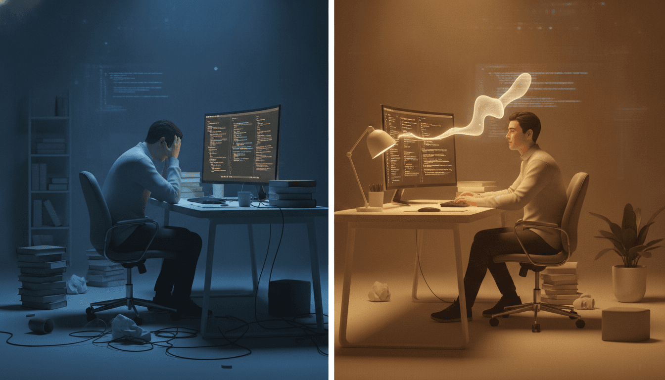 An image illustrating how to learn to code with AI, showing a student successfully collaborating with an AI tutor versus struggling alone.