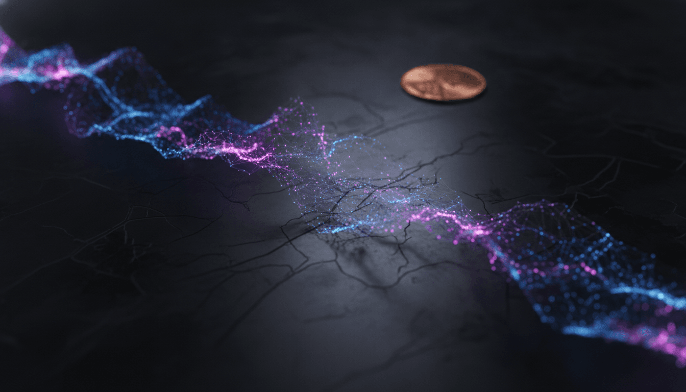 An artistic representation of an extended magnon lifetime, showing a glowing magnetic wave on a crystal surface with a penny in the background to suggest a compact quantum computer.