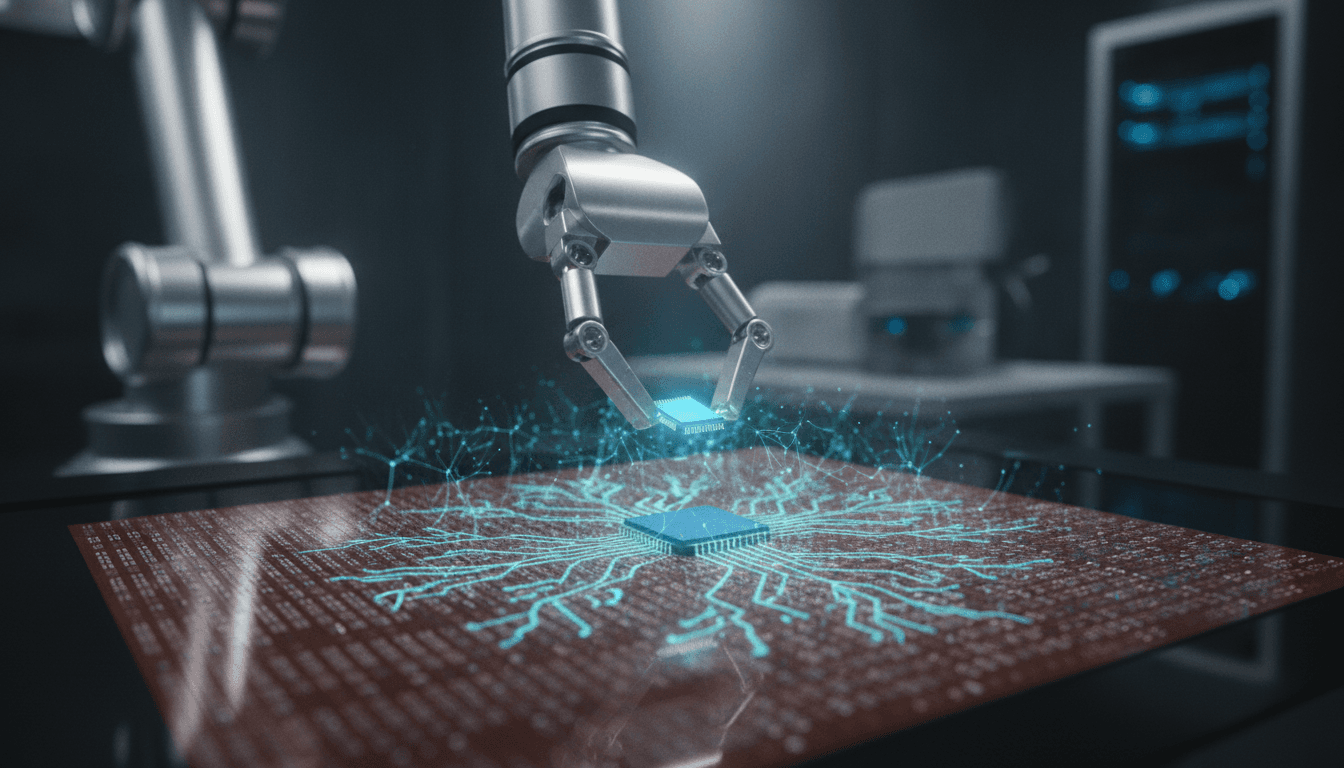 A close-up of a specialized edge AI processor being integrated onto a larger semiconductor wafer, representing the Microchip acquires Hailo deal.