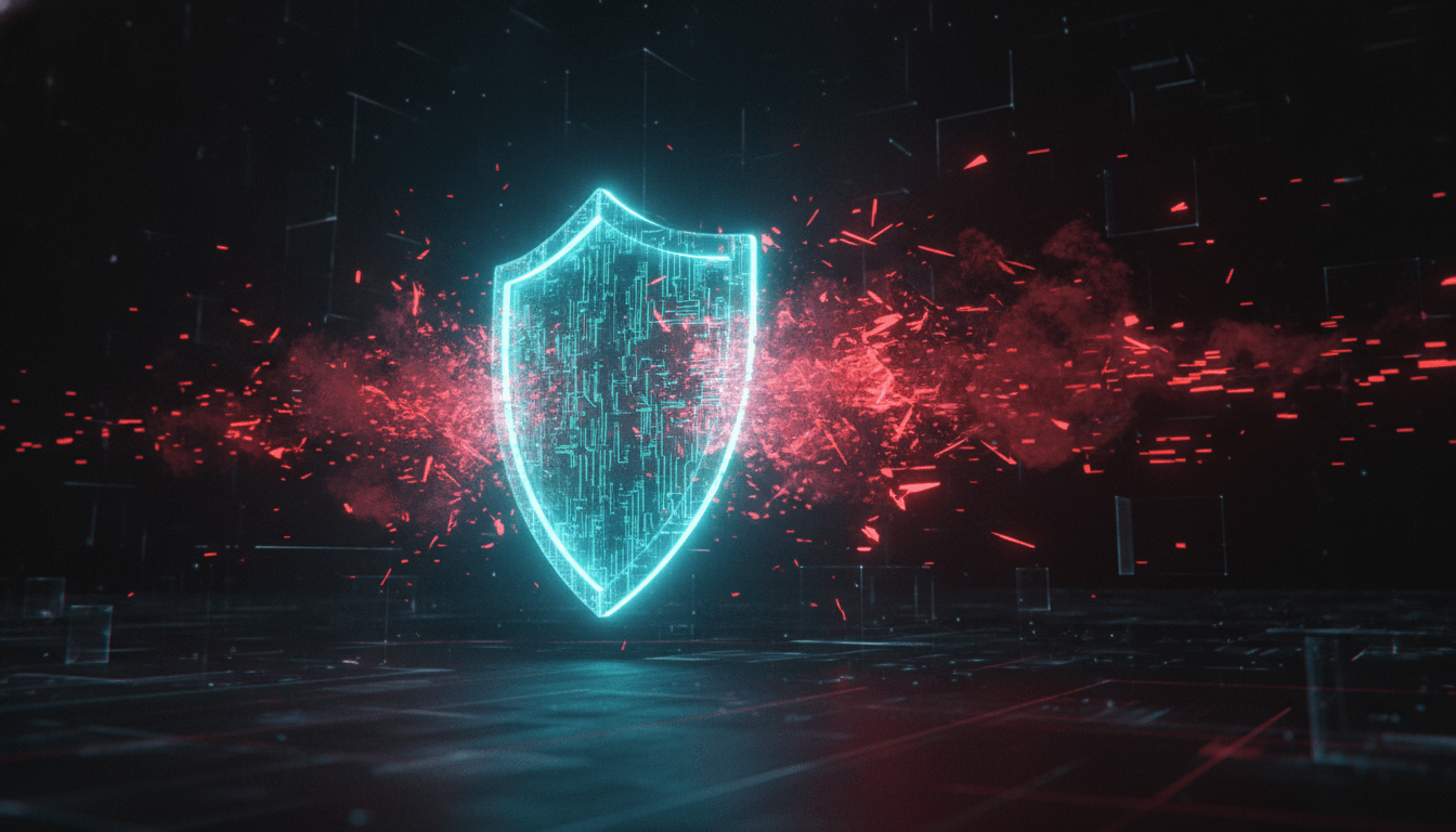 An abstract image representing Microsoft's new agentic AI security platform, showing a glowing blue shield repelling red digital threats.