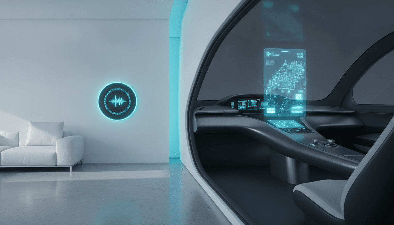 An illustration of the MKDWELL Landvision acquisition, showing a smart home interior merging with a futuristic car dashboard.