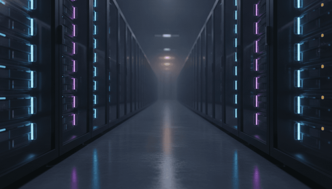 Rows of glowing server racks in a vast data center, representing the Nebius financing deal for its AI cloud infrastructure.
