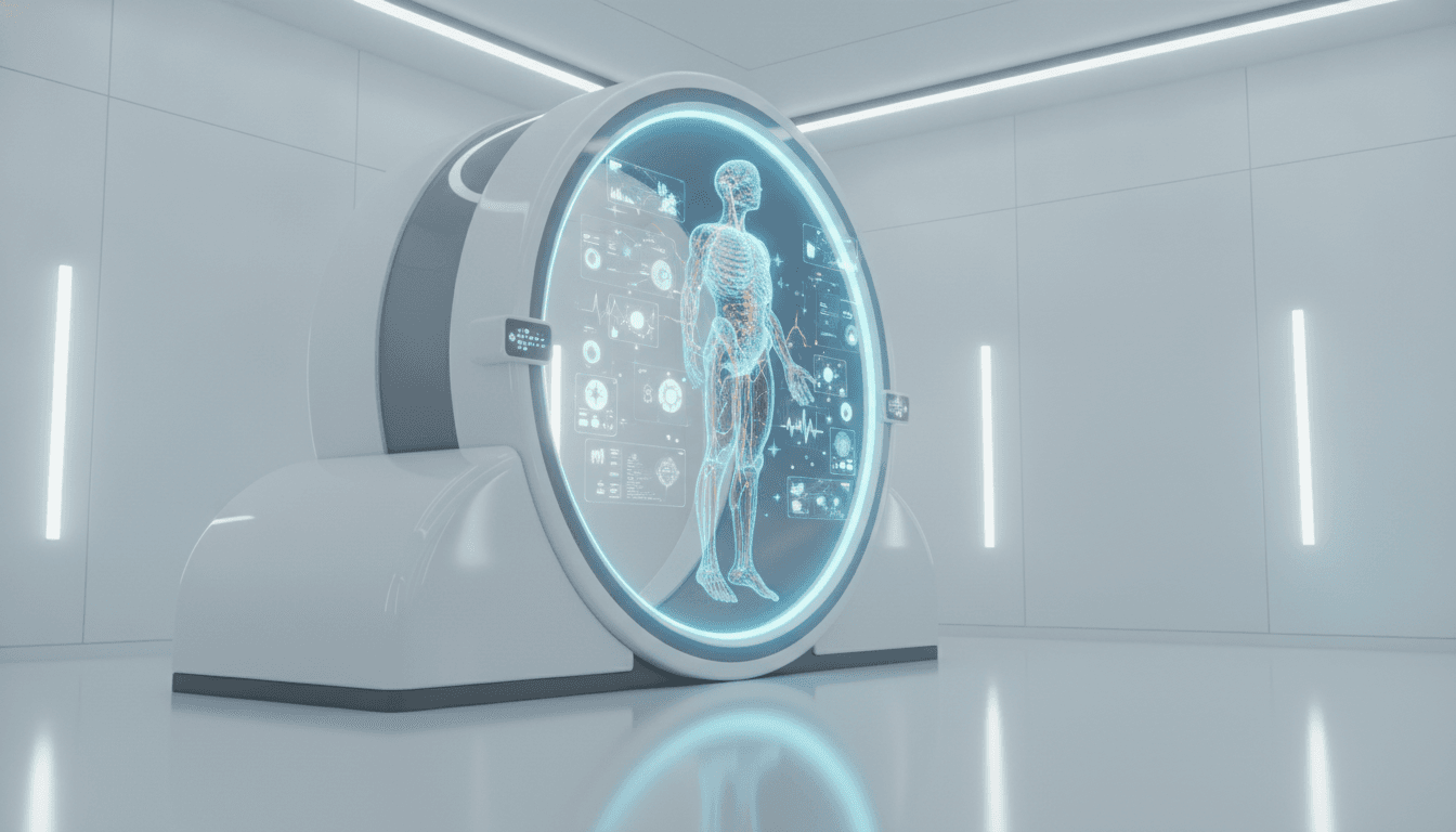 An illustration of the Neko Health AI-powered body scanning pod, showing a holographic human figure being analyzed for preventative healthcare.