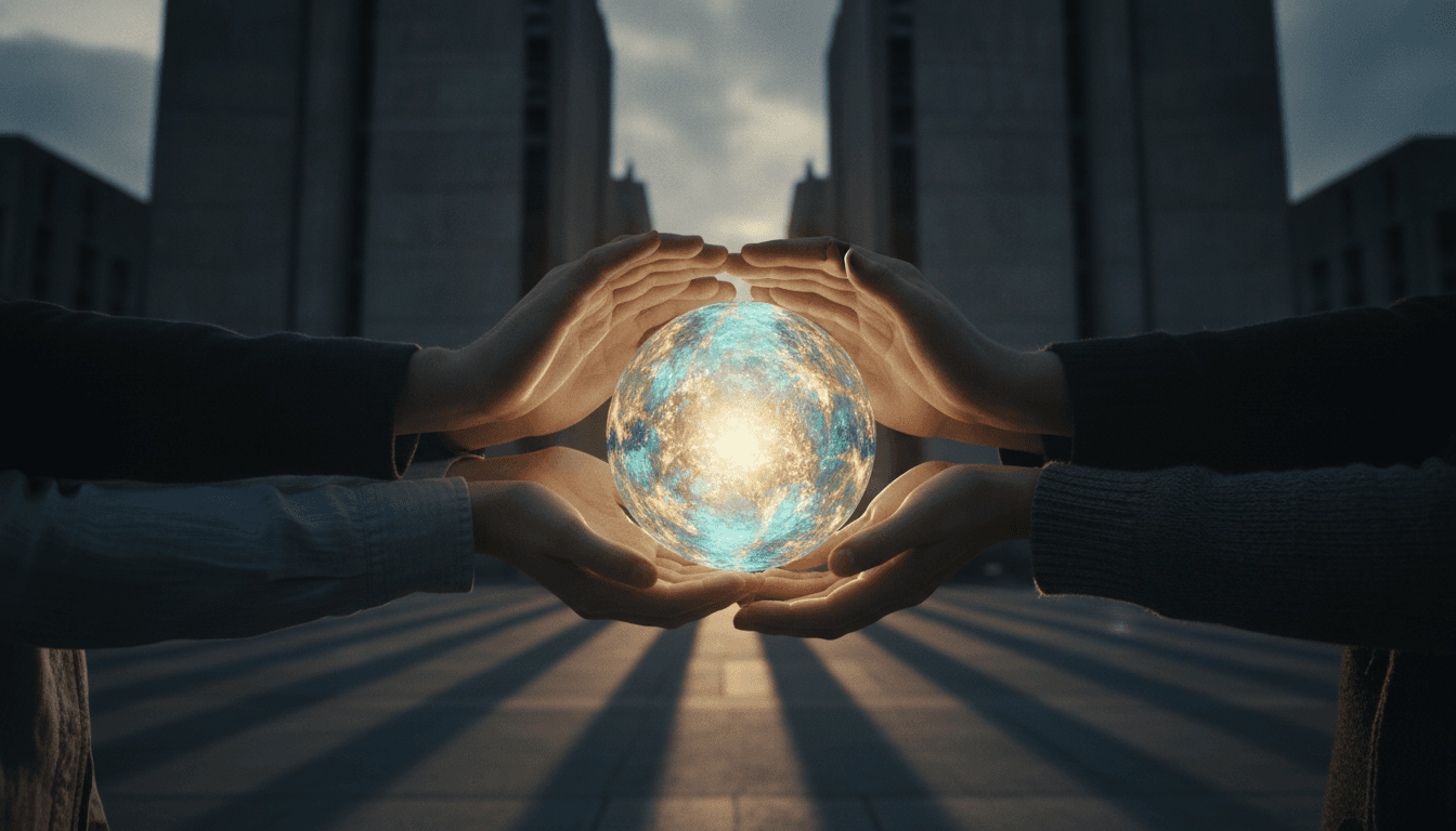 An illustration showing many hands protecting a glowing AI node, symbolizing the defense of open-source AI from government regulation.