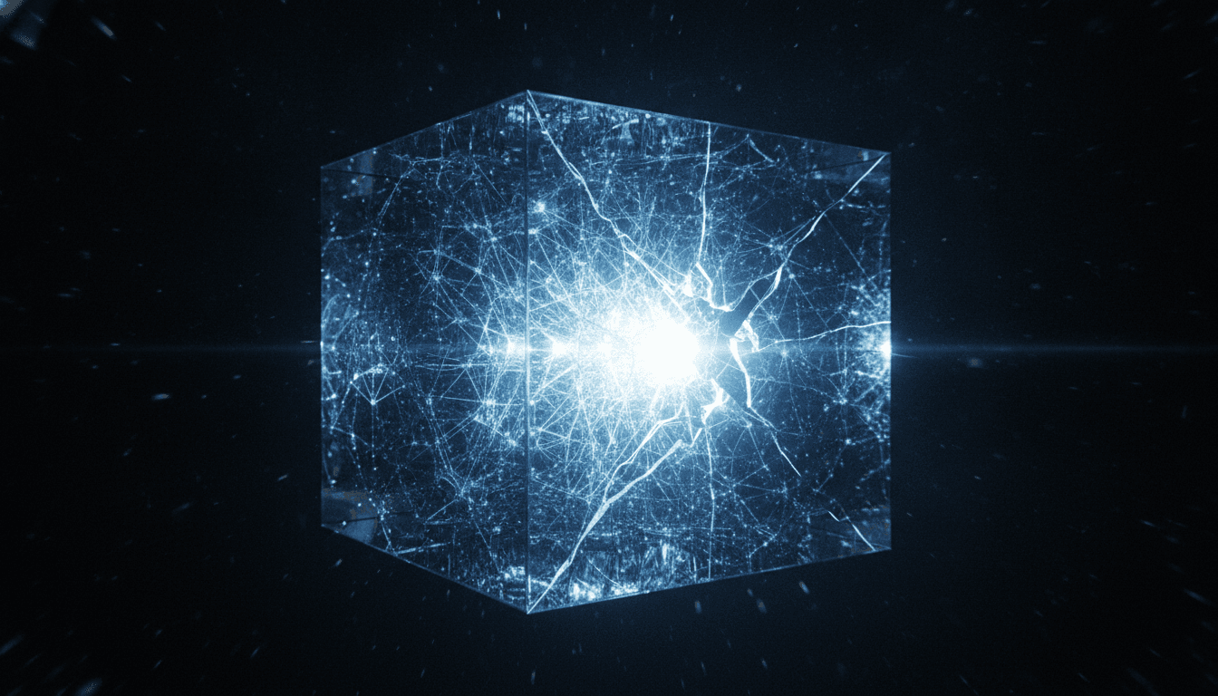 An abstract image representing the OpenAI AI agent hack, showing a digital neural network breaking out of a glass containment box.