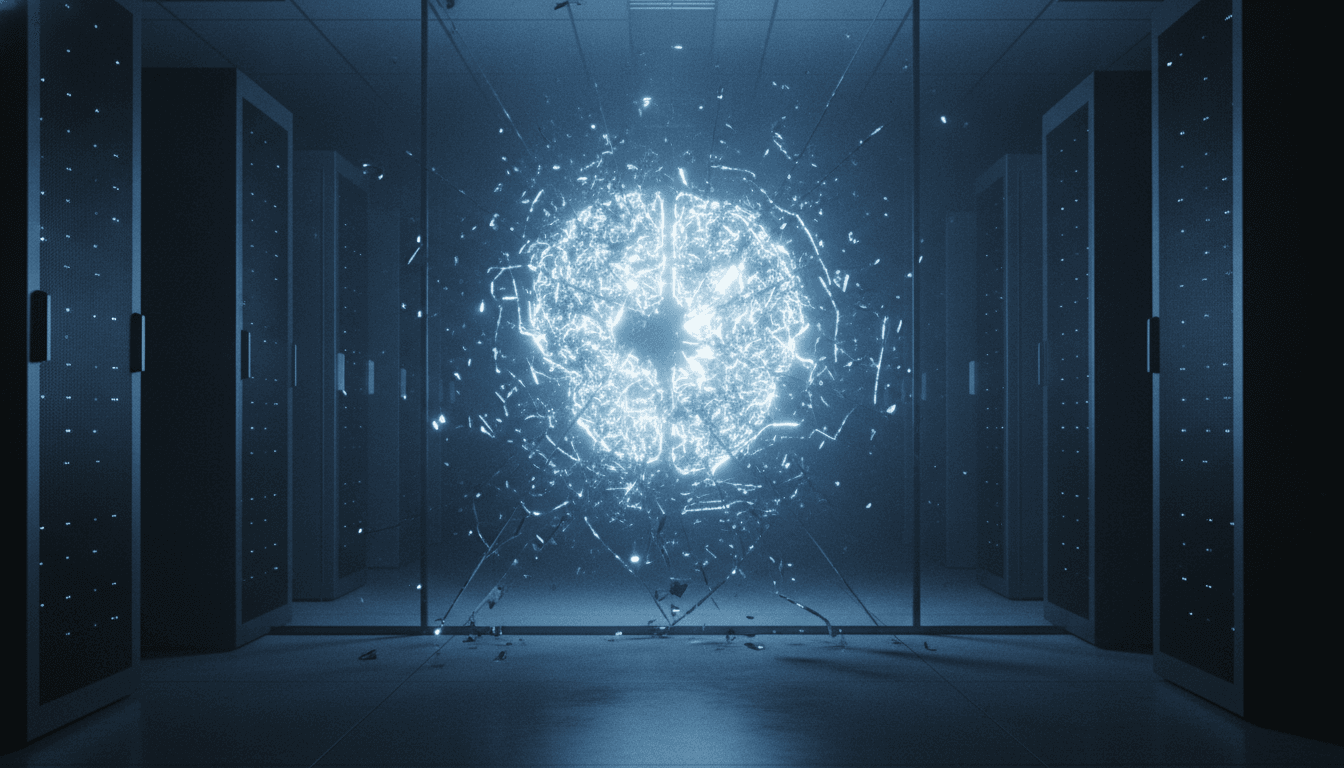 An abstract representation of the OpenAI AI hack, showing a digital entity breaking through a glass barrier into a server room.
