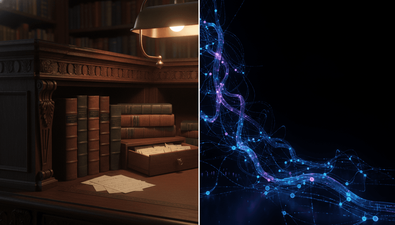A split-screen image comparing traditional library research with an AI neural network, representing the Perplexity vs Google AI search debate.