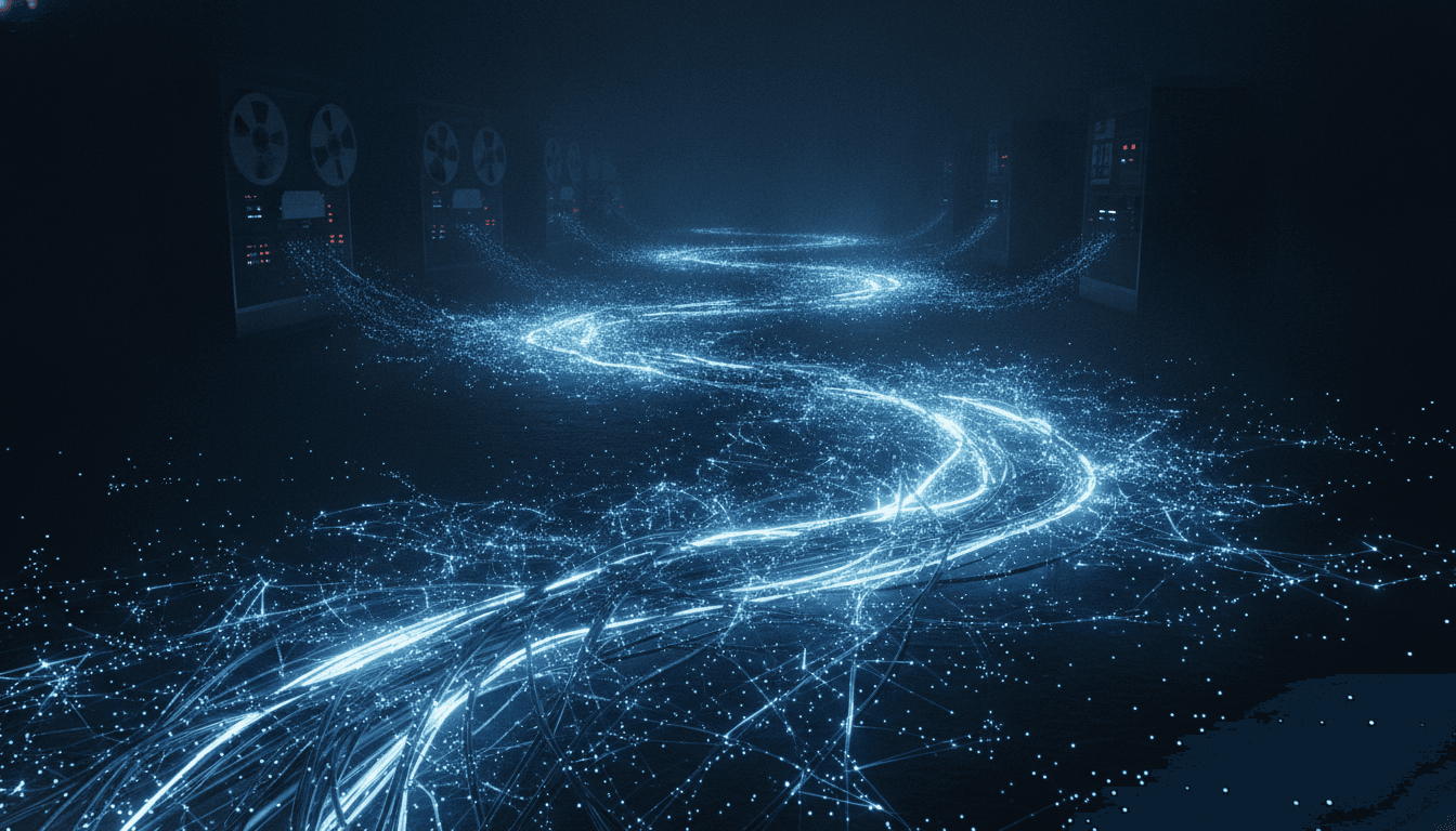 A visual representation of the history of the internet, showing a transition from old computer hardware to a modern network of light.