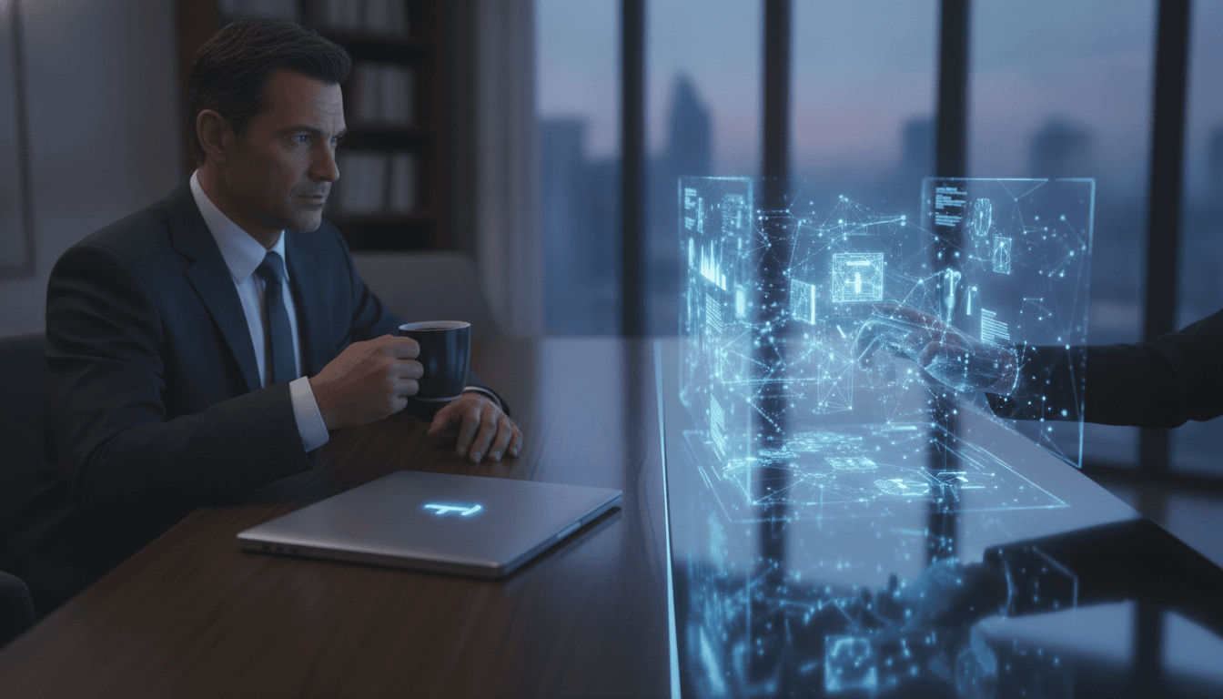 A solopreneur at a desk managing a complex business operation through a holographic interface, symbolizing the power of modern tools for a one-person business.