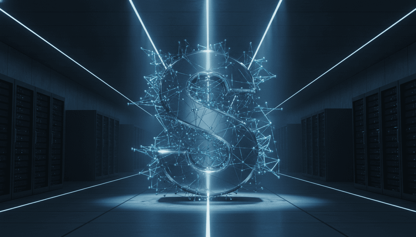 An abstract image representing the Salesforce acquires Fin deal, showing a large chrome 'S' merging with a blue AI neural network.