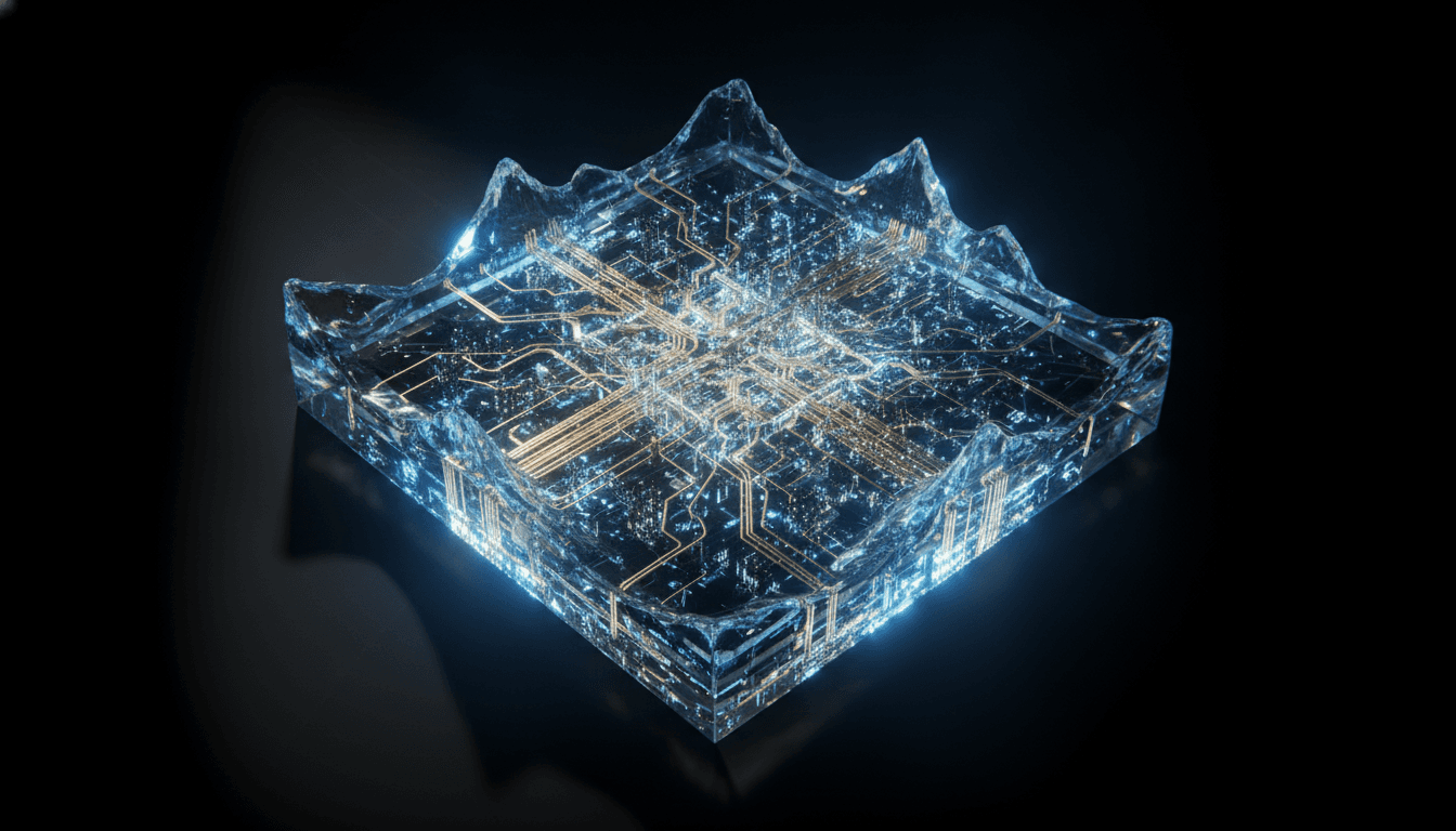 An abstract rendering of a powerful AI processor, representing the new SambaNova funding and its advanced chip technology.