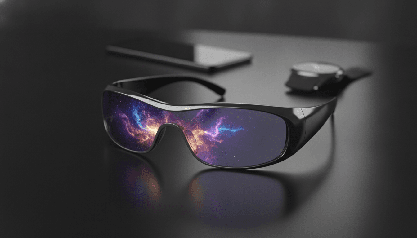 A pair of sleek Samsung Galaxy Glasses with glowing lenses, representing the built-in Gemini AI, sit next to a new foldable phone and smartwatch.