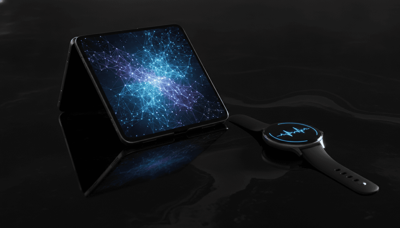 The new Samsung Galaxy Z Fold 8 and Galaxy Watch 9 displayed together, symbolizing the integration of AI and health technology.