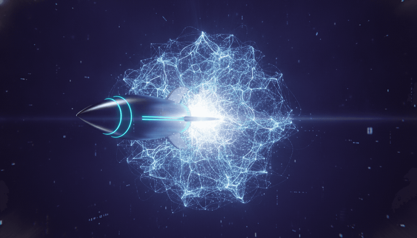A rocket representing SpaceX merges with a digital neural network, symbolizing the SpaceX Anysphere acquisition and its move into AI.