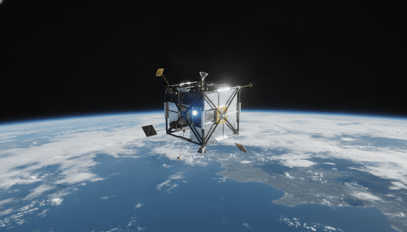 A photorealistic image of the BOHR nuclear-powered satellite, a small CubeSat with an internal blue glow, orbiting high above the Earth.