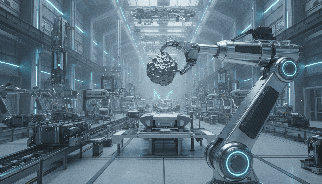 A futuristic factory floor showing specialized robots for physical AI, representing Travis Kalanick's Atoms startup and its focus on industrial automation.