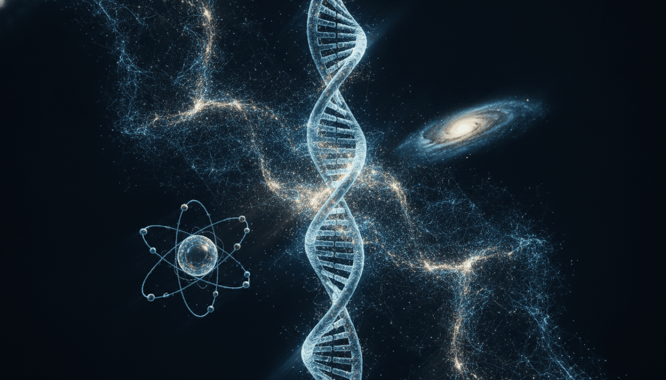 An abstract visualization of the Genesis Mission AI initiative, showing a neural network blending with scientific symbols like DNA and atoms.