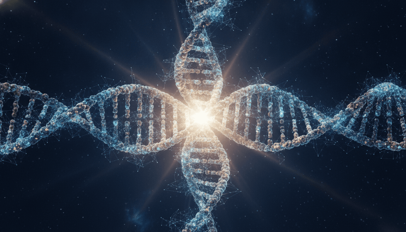 A glowing neural network intertwined with a DNA helix, representing the Genesis Mission's goal of using AI in science.
